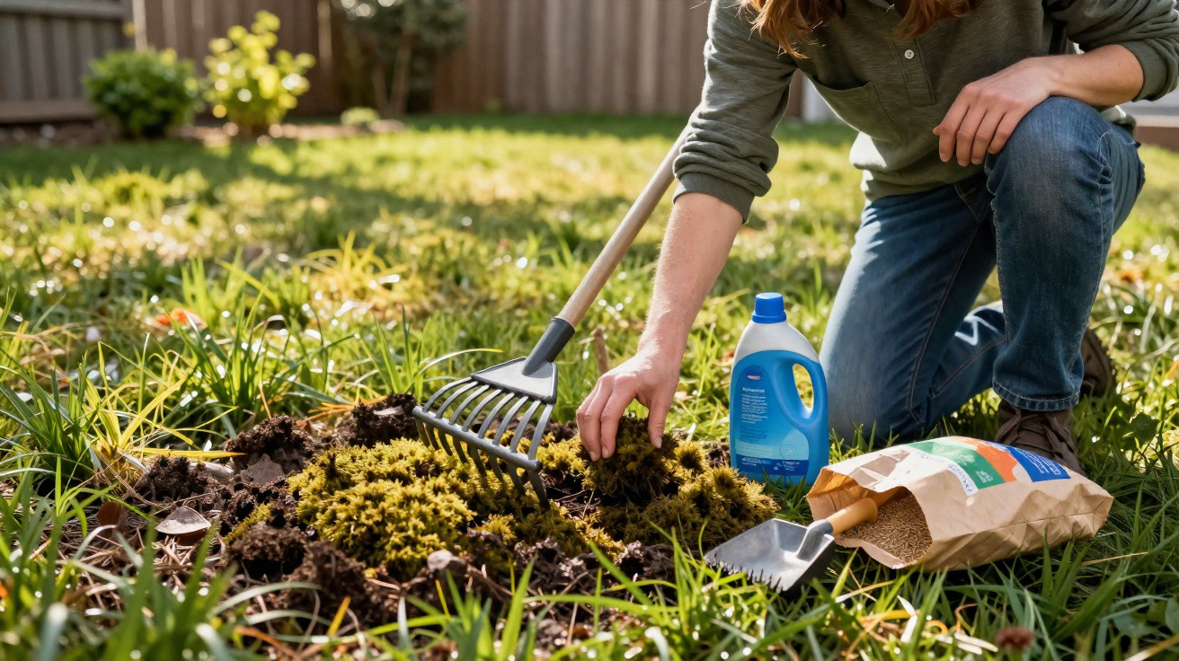Pessoa agachada cuidando de plantas em jardim com ancinho, regador e saco de sementes ao redor.