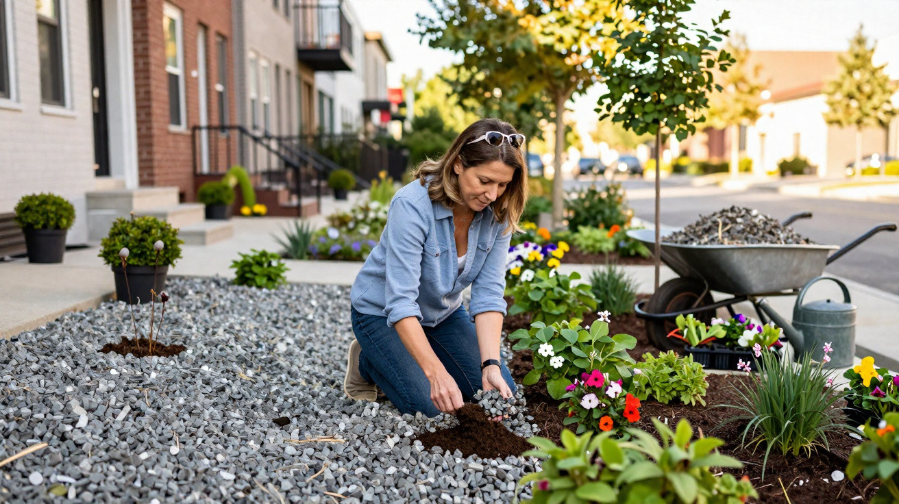 Mulher plantando flores em jardim com pedras e carrinho de mão em bairro residencial.