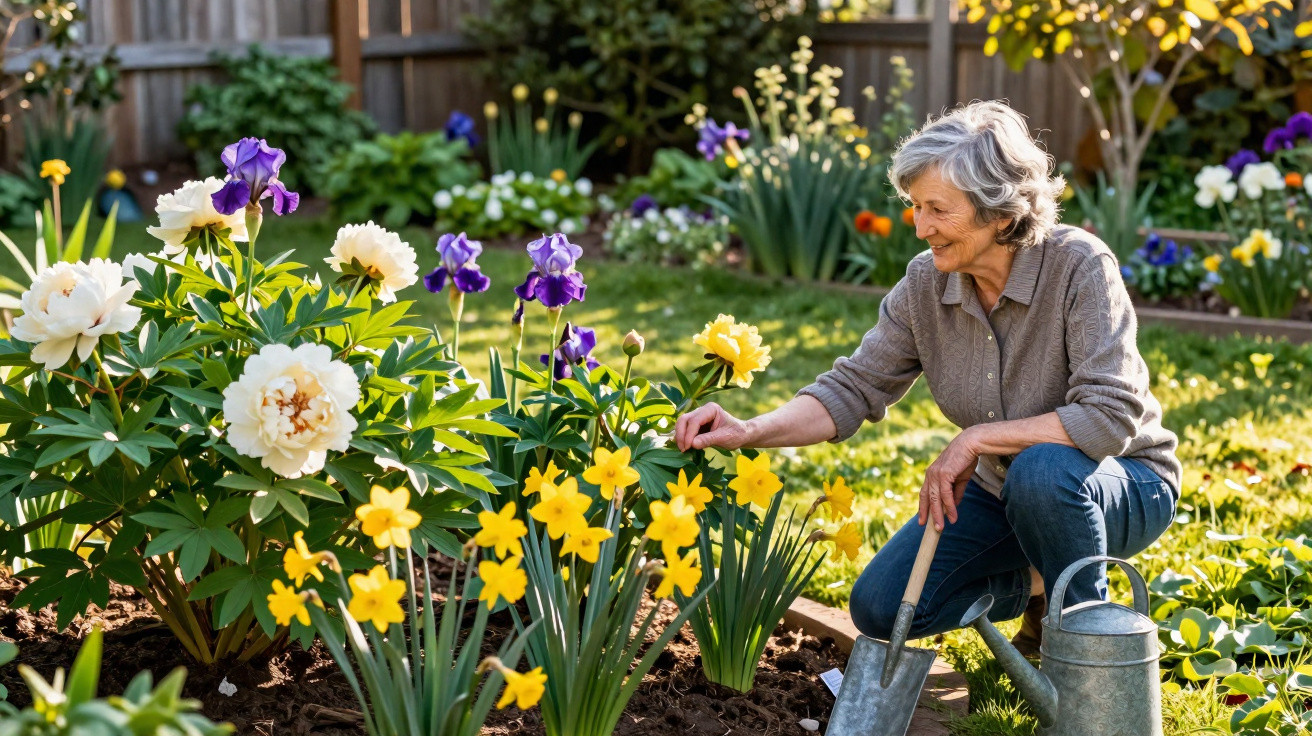 Mulher idosa cuidando do jardim, regando flores amarelas e roxas em um dia ensolarado.