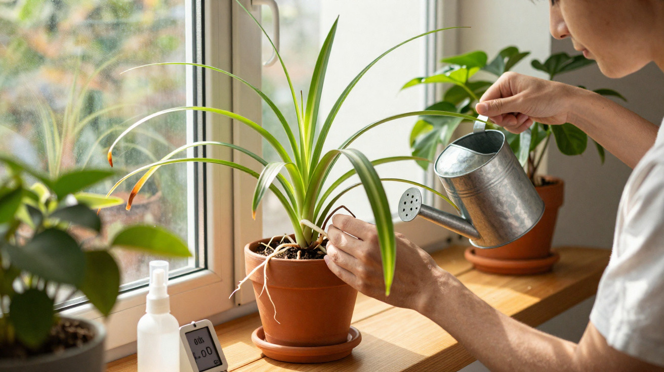 Pessoa regando planta em vaso de cerâmica em peitoril de janela ensolarada com outras plantas ao redor.