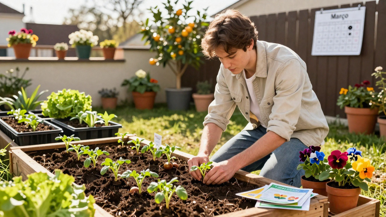 Jovem cuidando de plantas em um jardim com mudas e flores em vasos ao redor em dia ensolarado.