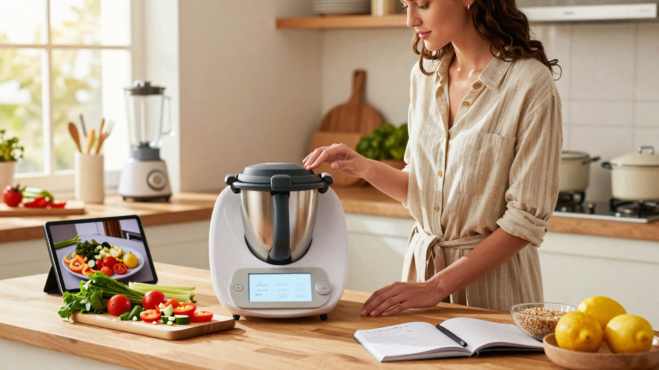Mulher usando processador de alimentos na cozinha com legumes, tablet e livro de receitas sobre a bancada.