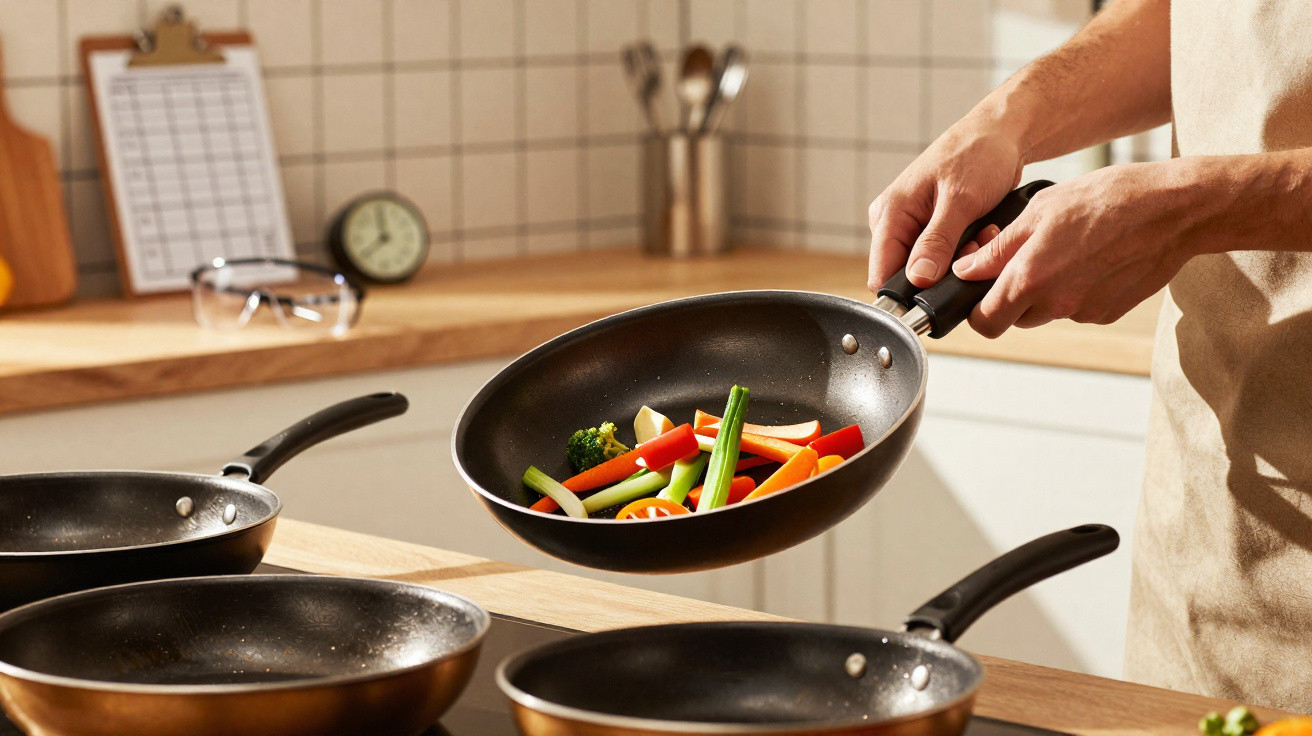 Pessoa mexendo legumes coloridos em frigideira na cozinha moderna com várias frigideiras na bancada.