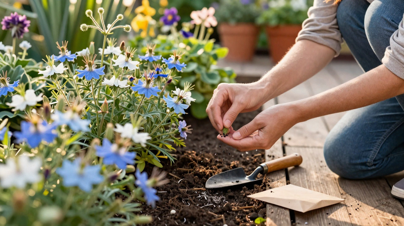 Pessoa plantando sementes em solo ao lado de flores azuis e roxas em um vaso.