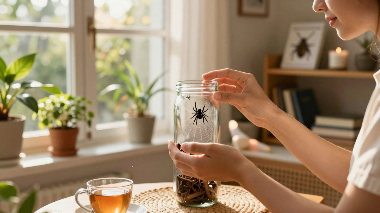 Pessoa segurando pote de vidro decorado com aranha e teia, ao lado de xícara de chá e plantas na janela.