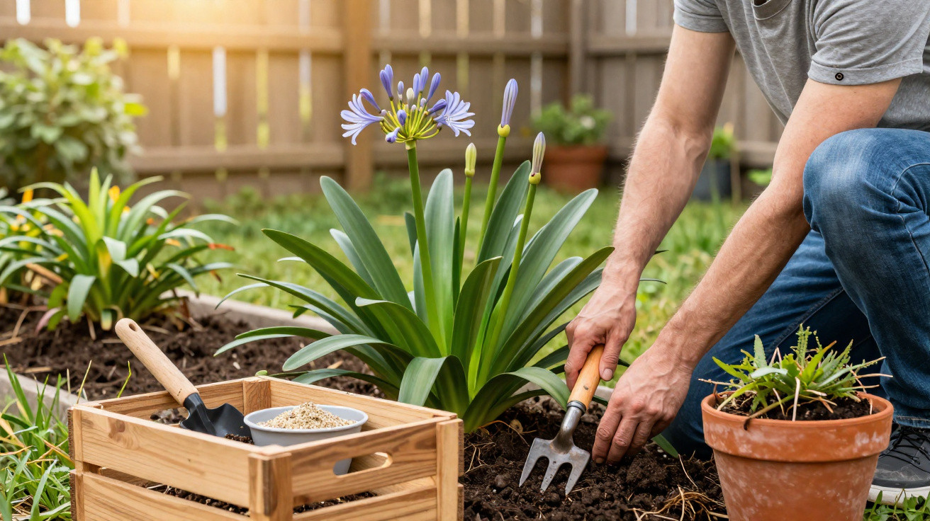 Pessoa cuidando de plantas em jardim com flor roxa, vaso de barro e caixa com ferramentas de jardinagem.
