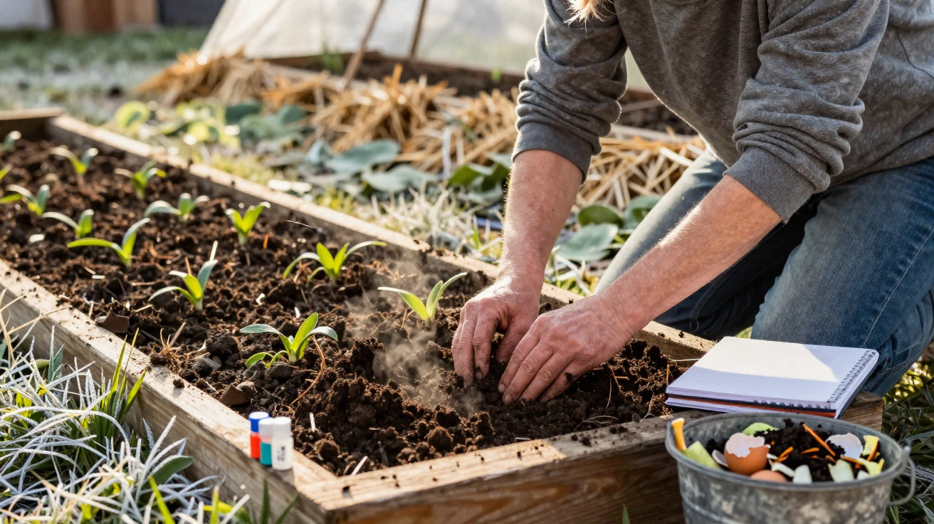 Pessoa plantando mudas em canteiro de madeira, com balde de compostagem e caderno ao lado.