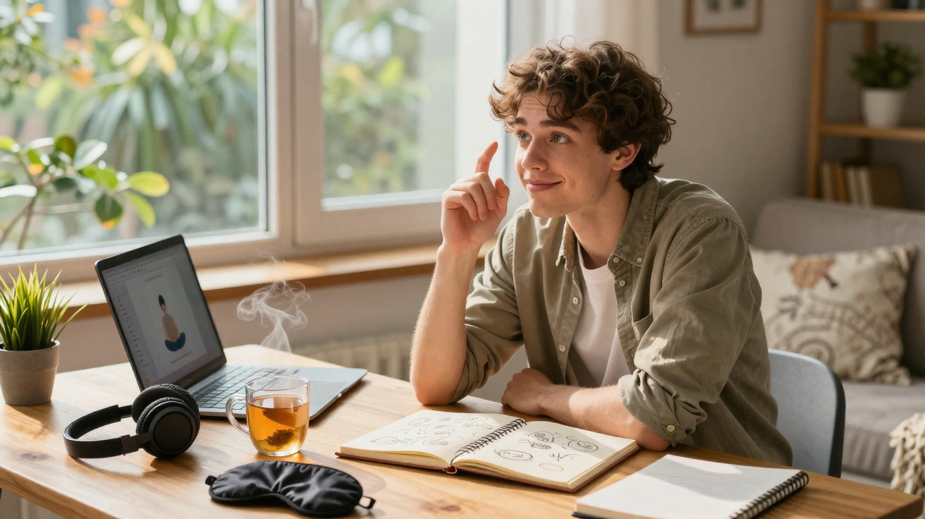 Jovem em mesa com laptop, caderno e chá, olhando para cima com expressão pensativa em ambiente iluminado.