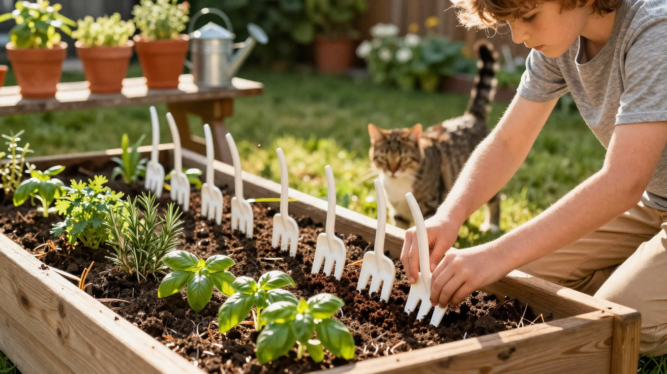 Criança organizando mini garfos de plástico em canteiro com plantas e um gato ao fundo.