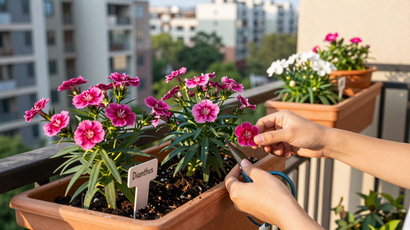 Mãos podando flores pink Dianthus em vaso no parapeito de varanda com prédios ao fundo.