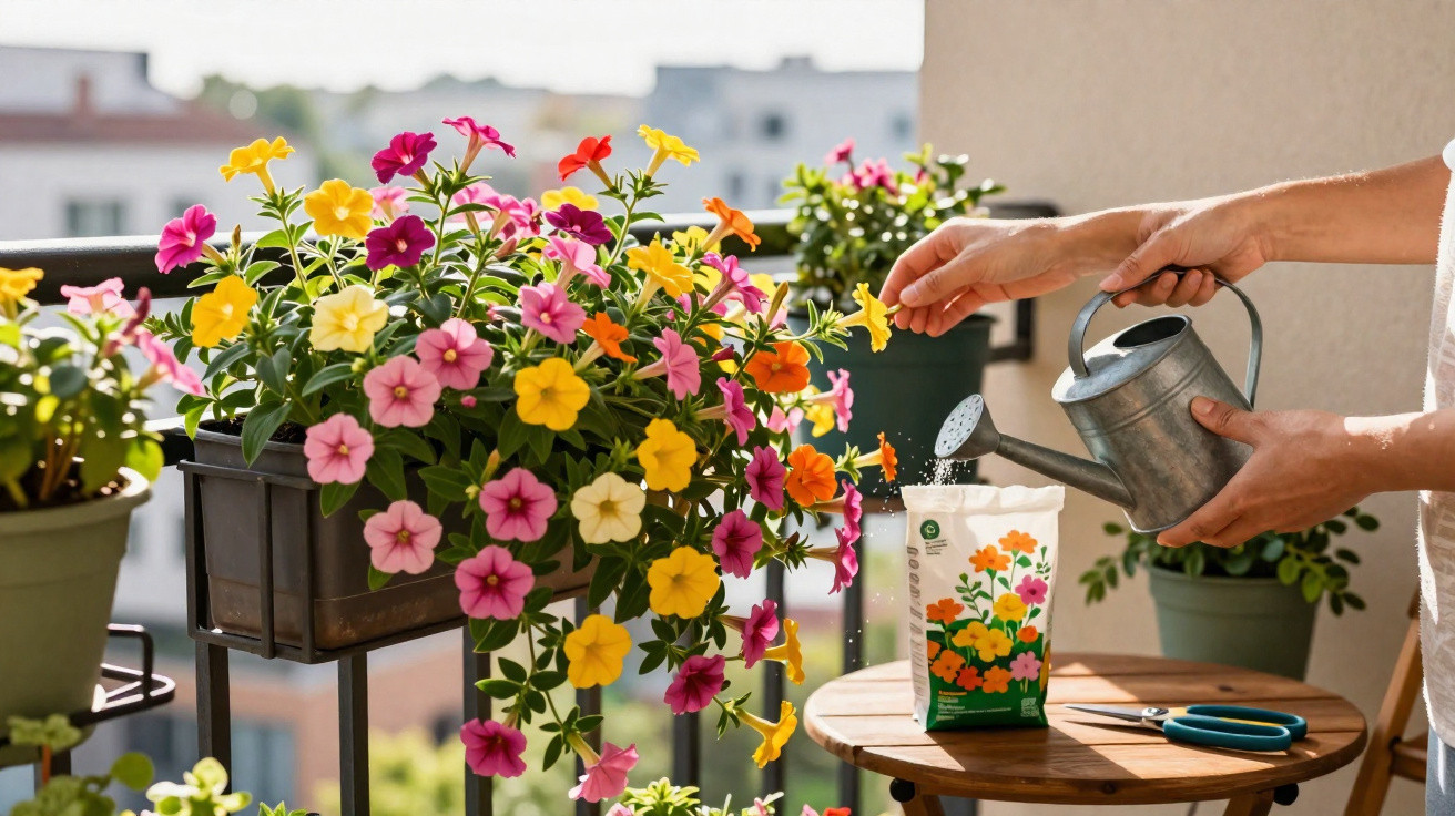 Pessoa regando flores coloridas em sacada com regador de metal e vaso com várias plantas.