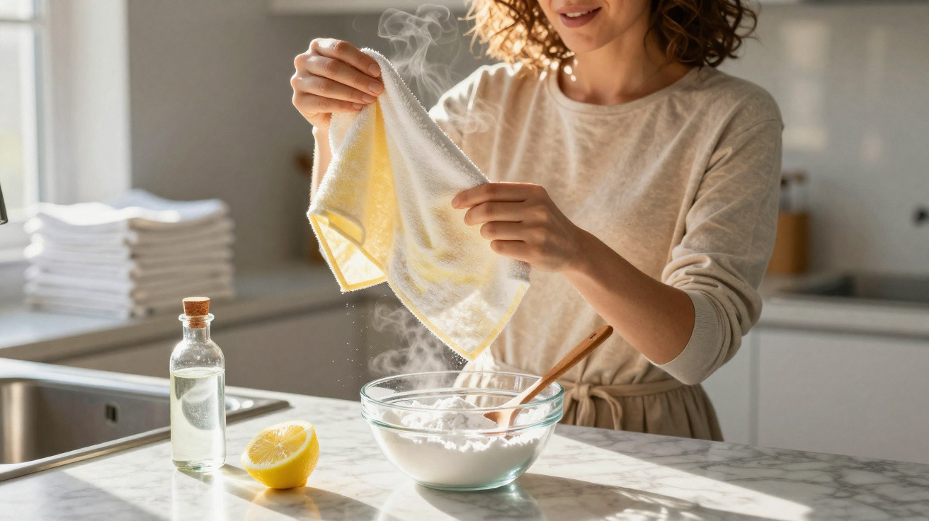 Mulher secando um pano quente para cozinhar, com tigela, limão e garrafa sobre mesa de mármore.