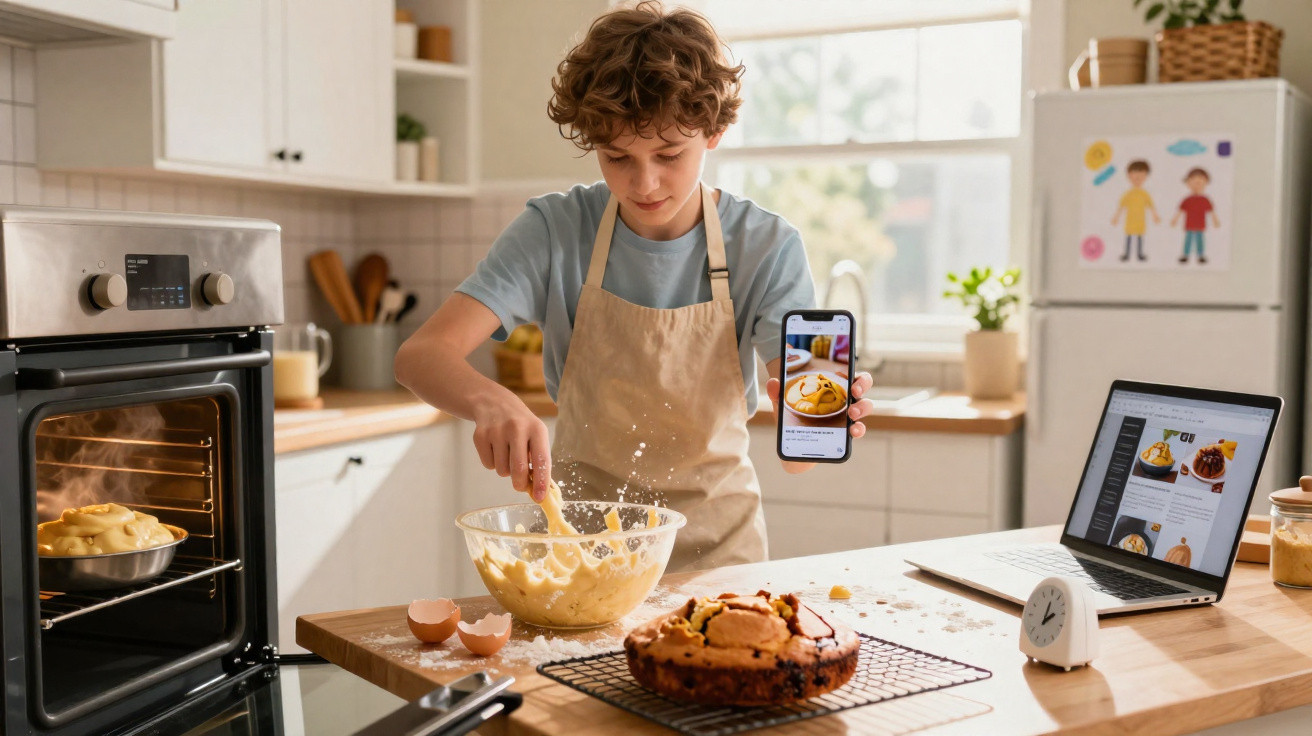 Adolescente usando avental prepara massa para bolo em cozinha, com receita no celular e laptop abertos.