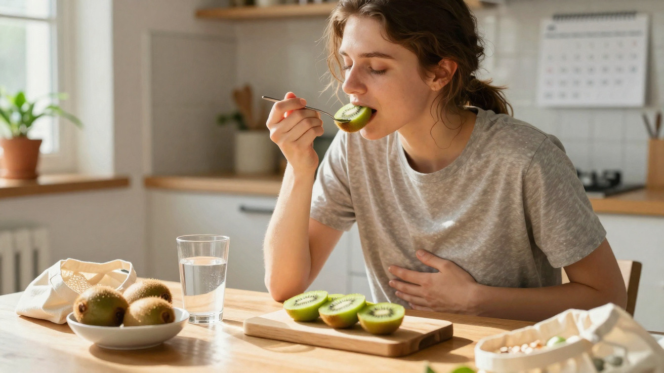 Mulher em cozinha comendo kiwi cortado ao meio sentada à mesa de madeira, ao lado copo d’água e prato com kiwis.