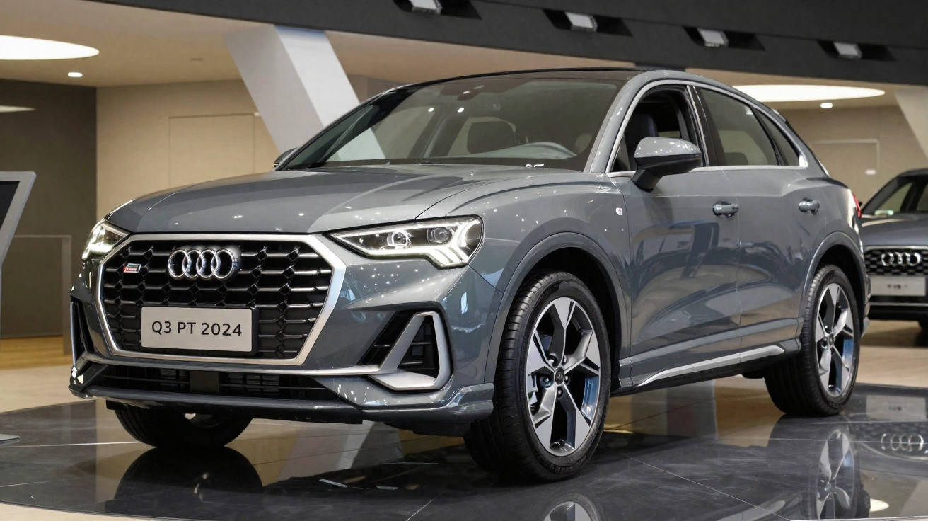 Audi Q3 cinza 2024 exibido em showroom sob iluminação interna.