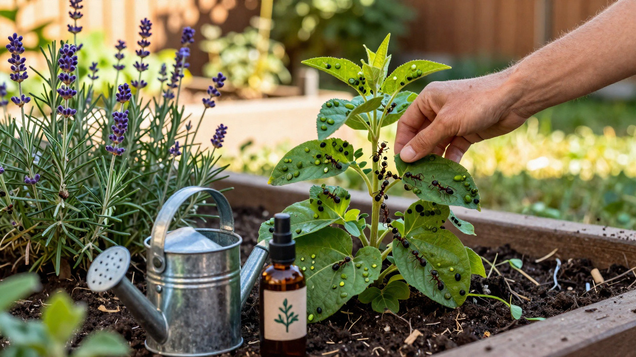 Mão segurando galho com folhas verdes cobertas por formigas em jardim com regador e lavanda.