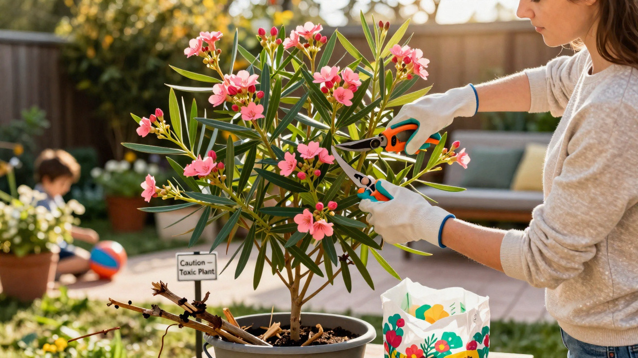 Mulher podando planta florida rosa em vaso com menino brincando ao fundo no jardim.