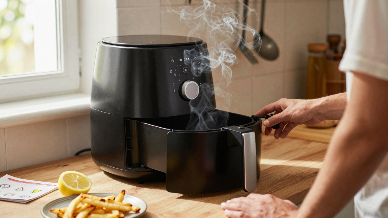 Pessoa retirando cesto de fritadeira elétrica com vapor saindo, batatas fritas em prato ao lado na bancada.