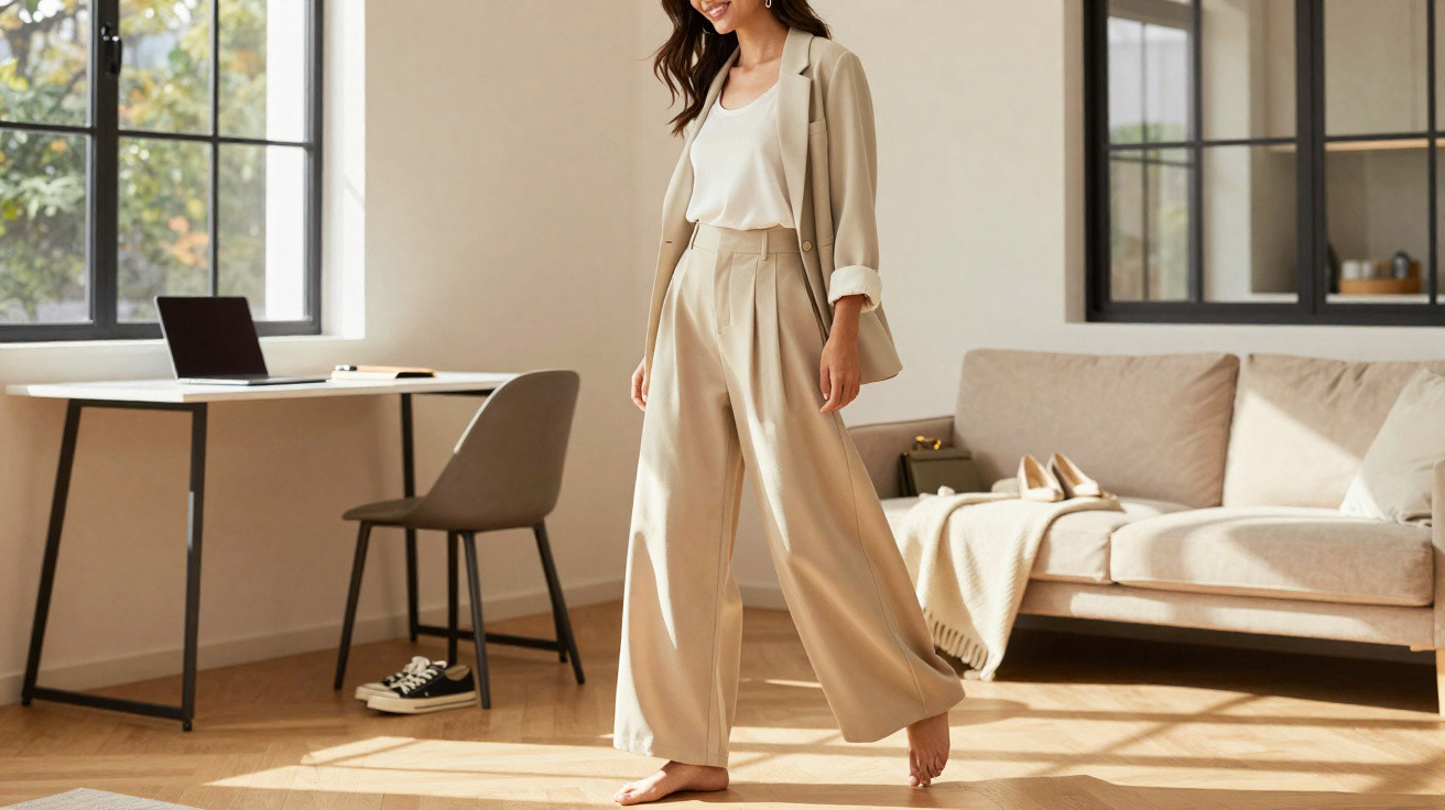 Mulher vestindo terno bege elegante e calça larga, sorrindo em sala iluminada com sofá e mesa.