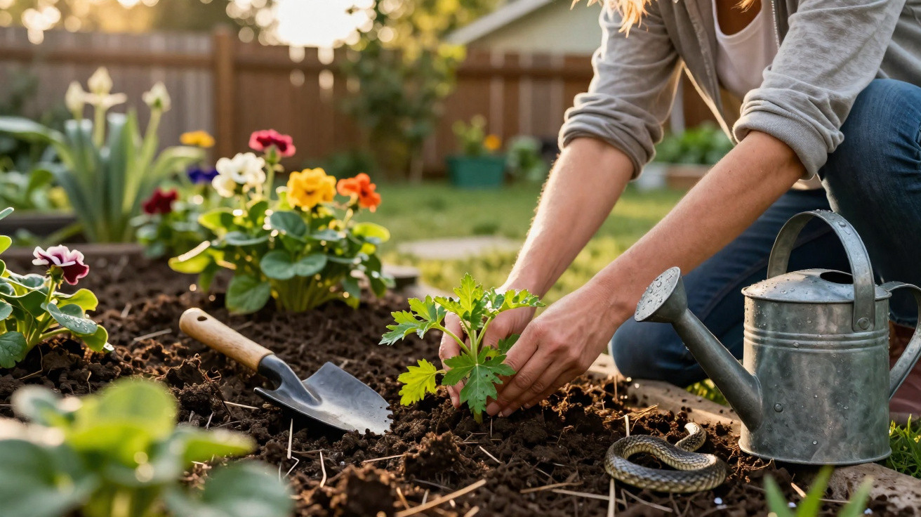 Pessoa plantando muda em jardim com flores coloridas, regador e pá de jardinagem ao lado.