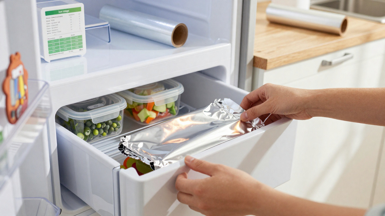 Mãos guardando alimentos cobertos com papel alumínio em gaveta de congelador doméstico branco.