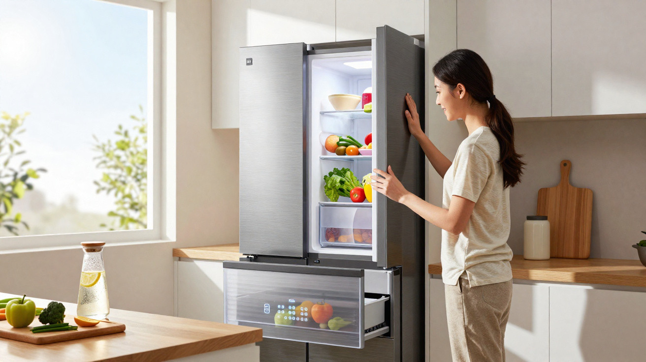 Mulher abrindo a porta do refrigerador moderno em cozinha iluminada com alimentos frescos dentro.