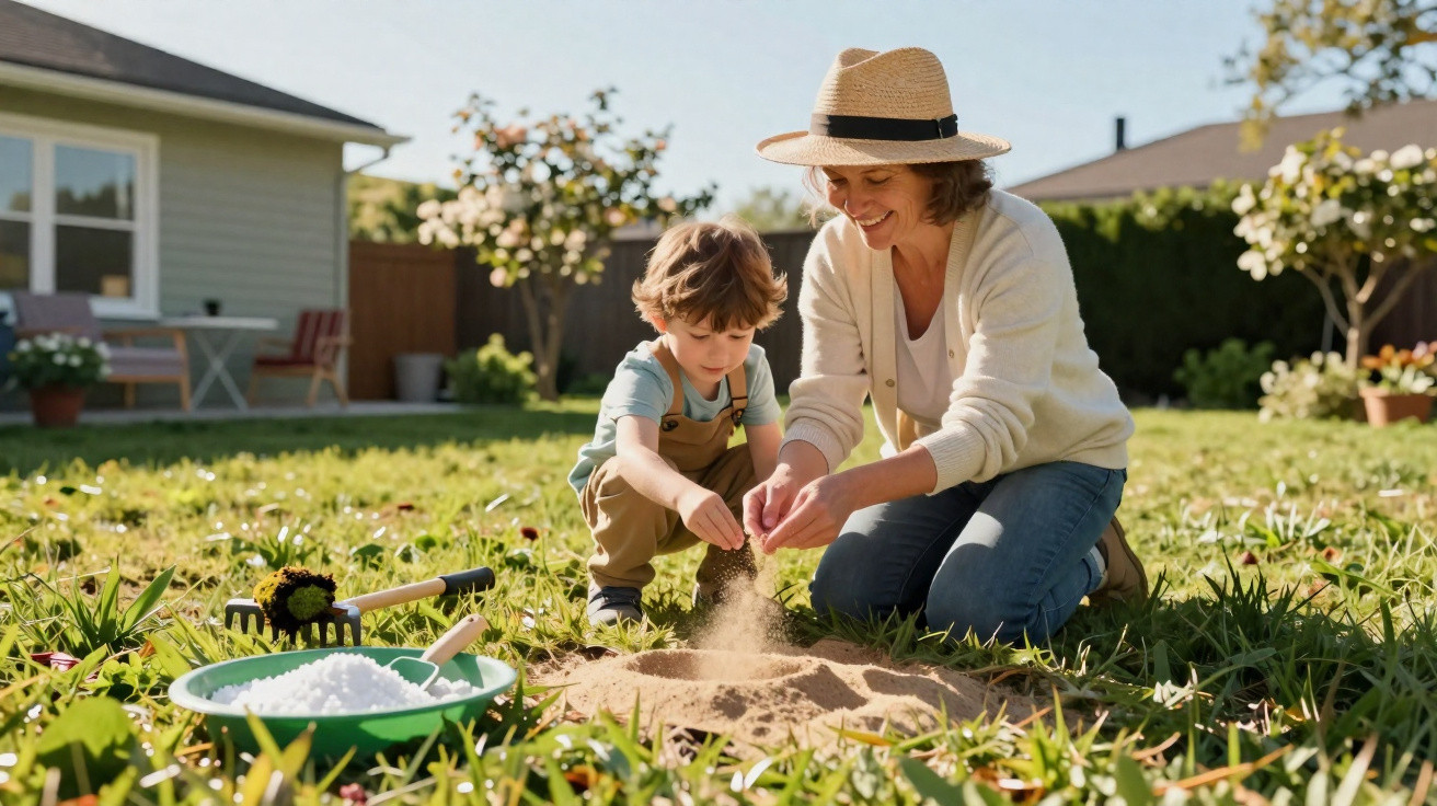 Mulher e criança plantando sementes em jardim ensolarado com ferramentas de jardinagem ao redor.