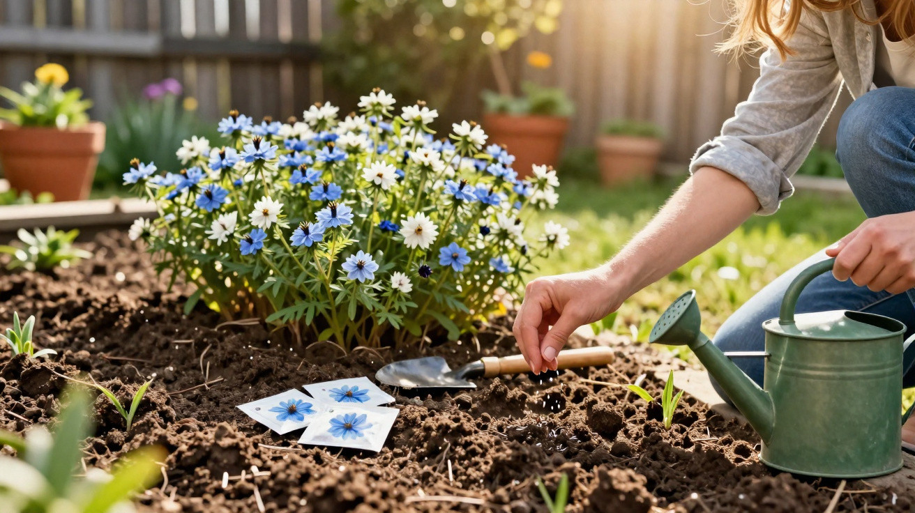 Pessoa plantando sementes em jardim com flores azuis e brancas, regador e pá ao lado.