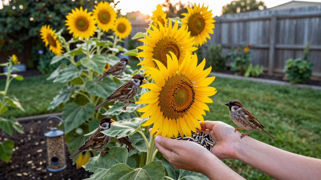 Flores de girassol em jardim com pássaros pousados e mãos segurando sementes para alimentá-los.