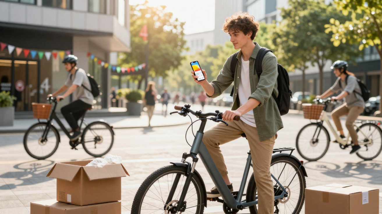 Jovem em bicicleta elétrica mostrando smartphone em área urbana com outras pessoas pedalando ao fundo.