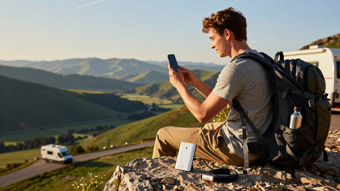 Jovem sentado em pedra com mochila grande usando celular, com vista para montanhas e motorhome ao fundo.