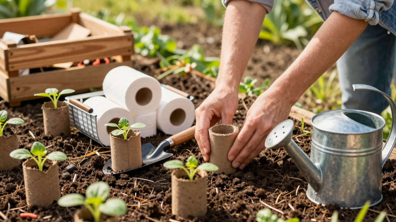 Mãos plantando mudas em vasos biodegradáveis no jardim, com regador e ferramentas ao redor.