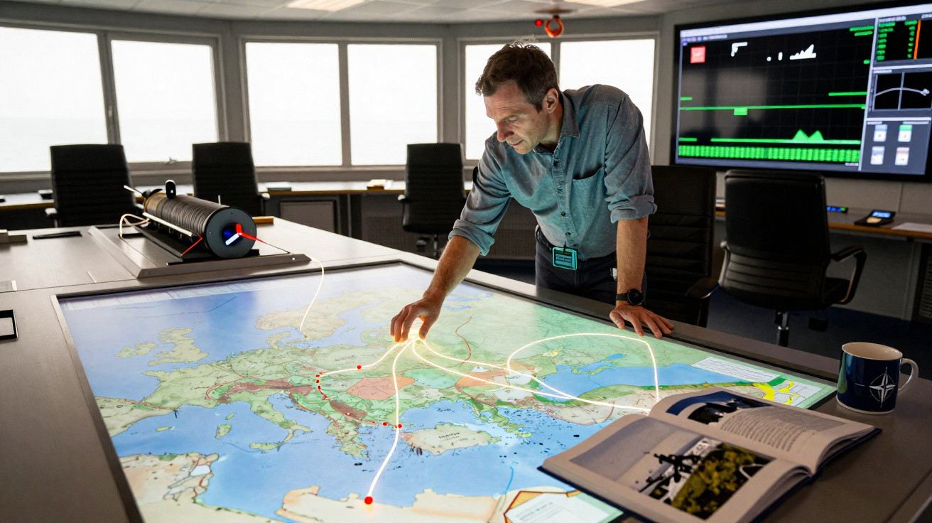 Homem analisando mapa interativo digital com rotas em sala de controle de operações.