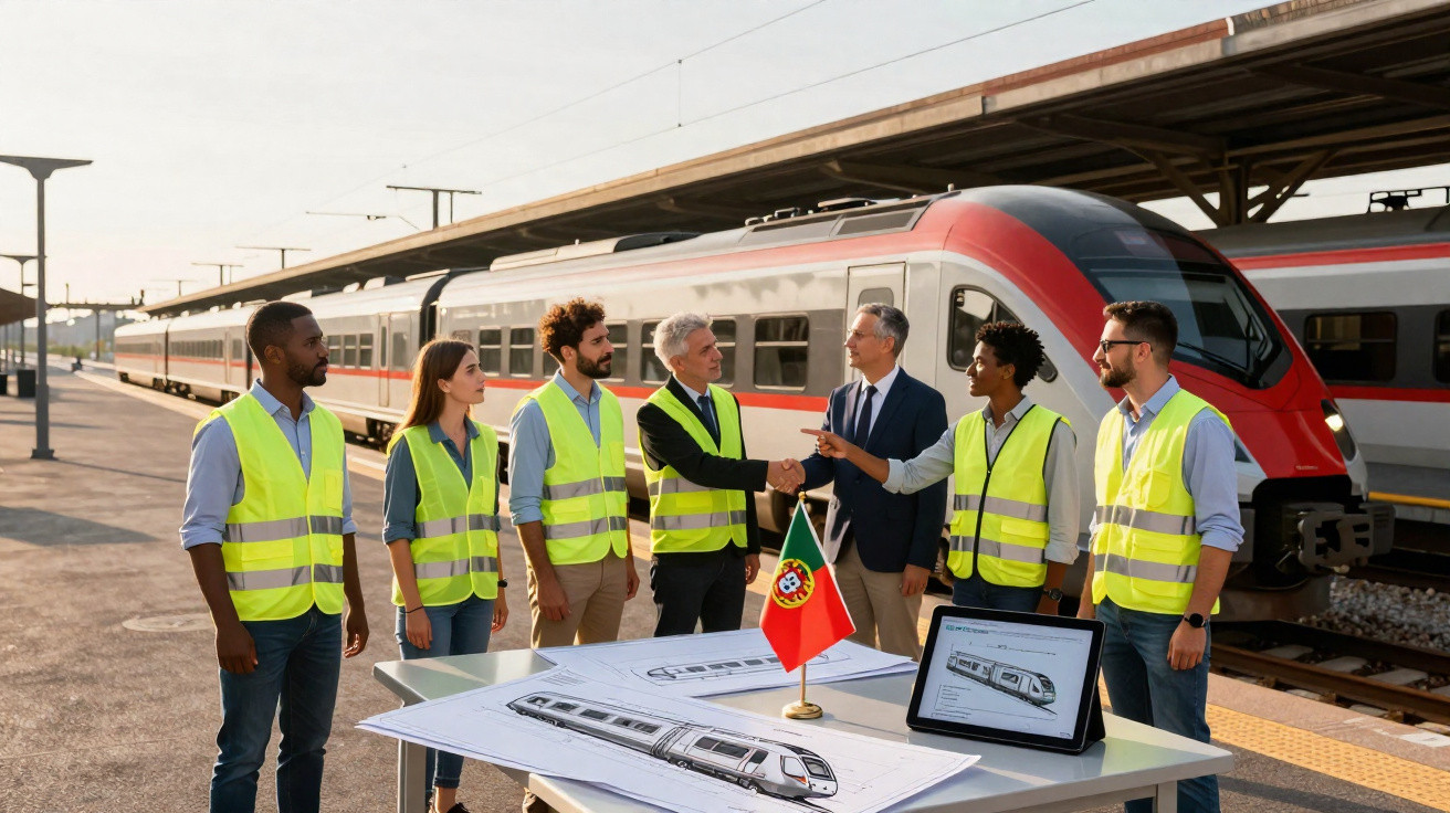Engenheiros e executivos em estação ferroviária com trens, analisando projetos de trem com bandeira de Portugal.