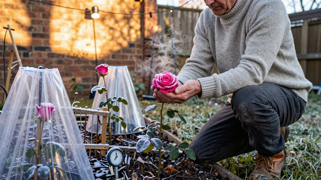 Homem cuida de rosa com vapor saindo na horta coberta de geada em dia frio.