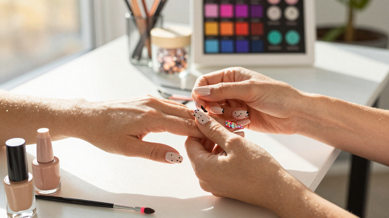 Mão aplicando decoração de unhas com esmalte nude e detalhes coloridos em bolinhas pretas.