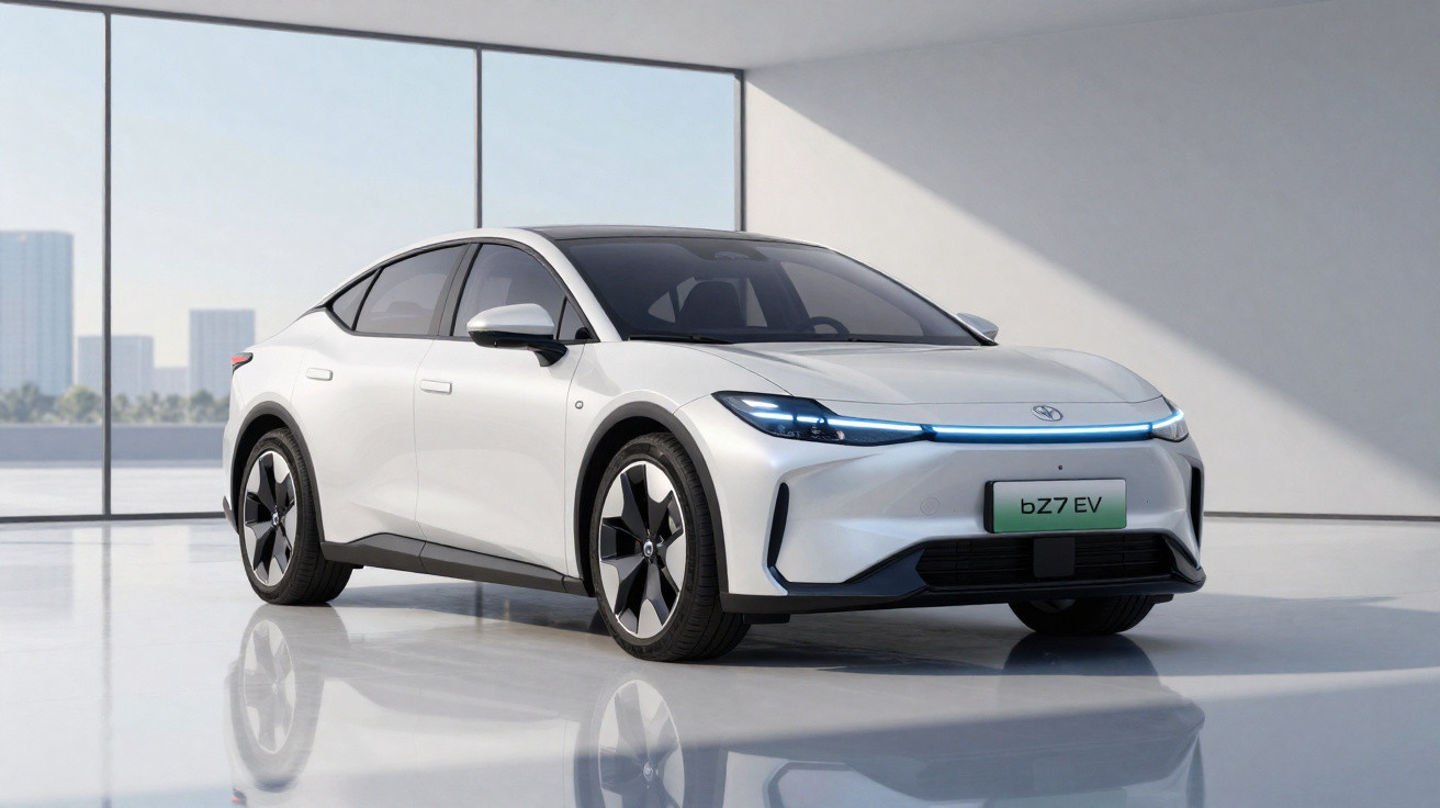 Carro elétrico branco Toyota bZ7 EV estacionado em ambiente moderno e iluminado.