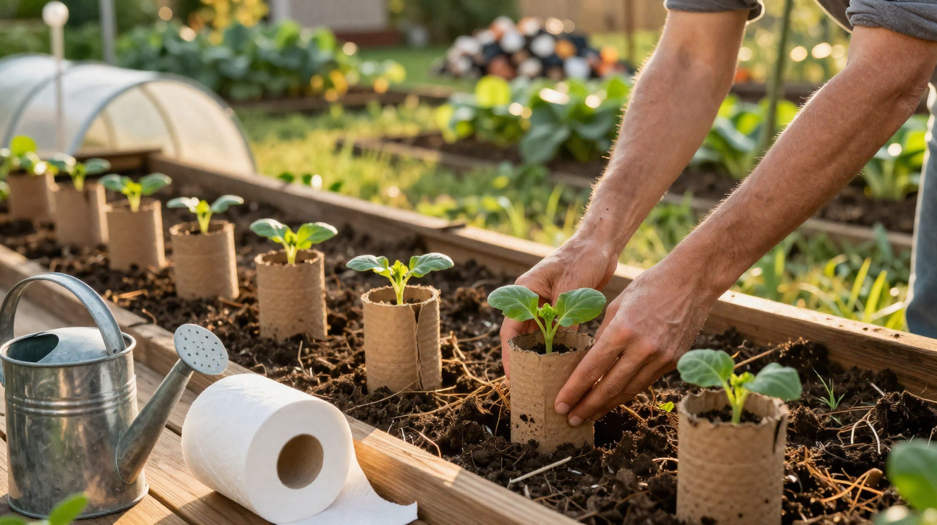 Mãos plantando mudas em vasos biodegradáveis no canteiro de jardim com regador e papel toalha ao lado.