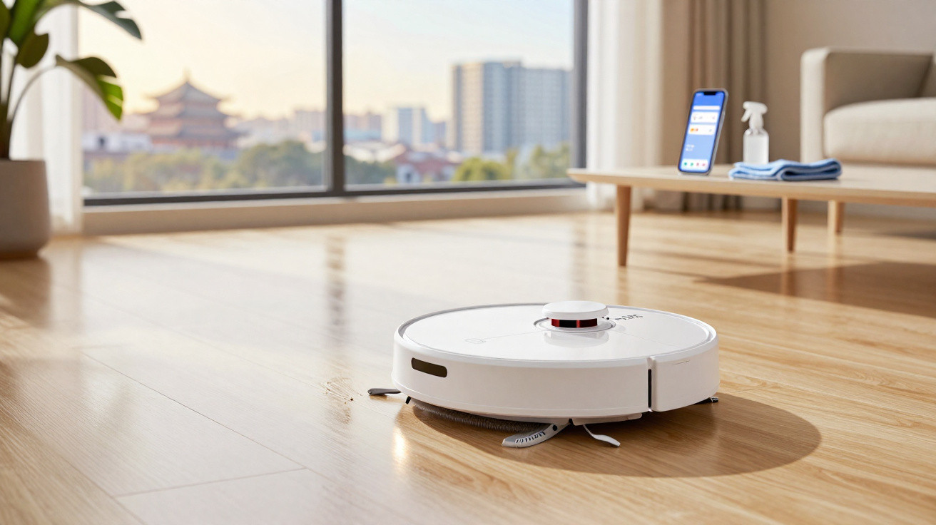 Robô aspirador branco limpando piso de madeira em sala iluminada com sofá e mesa ao fundo.