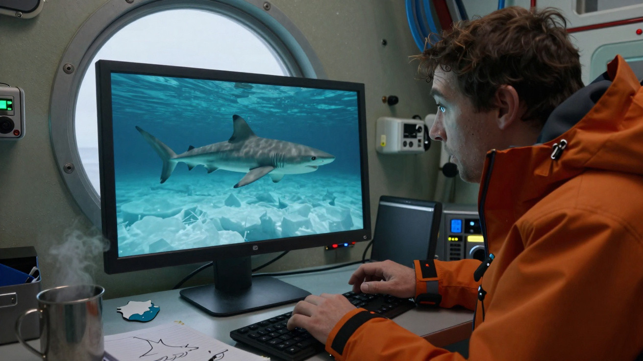 Homem em casaco laranja observa tubarão na tela de computador dentro de submarino.