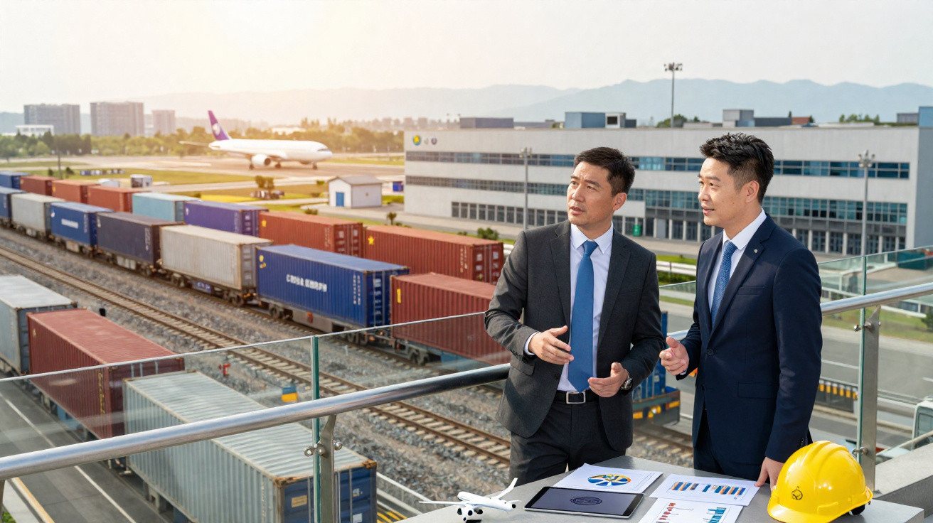 Dois homens de terno discutem perto de containers, trem e avião em área logística com gráficos sobre mesa.