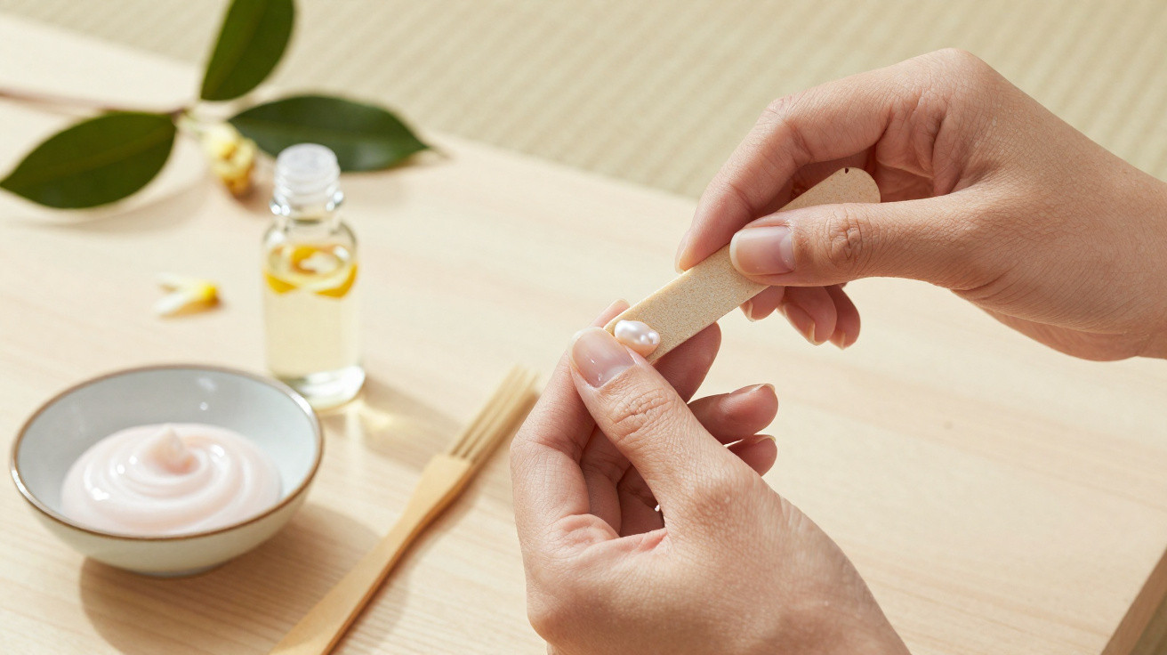 Mãos segurando lixa de unha com creme em mesa com óleo, creme e espátula de madeira para manicure.