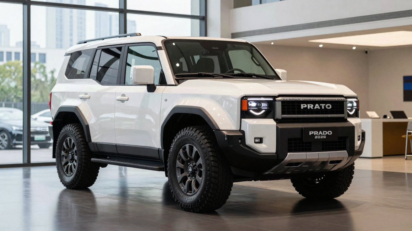 Carro SUV branco modelo Prado 2026 em exibição em showroom moderno com grandes janelas.