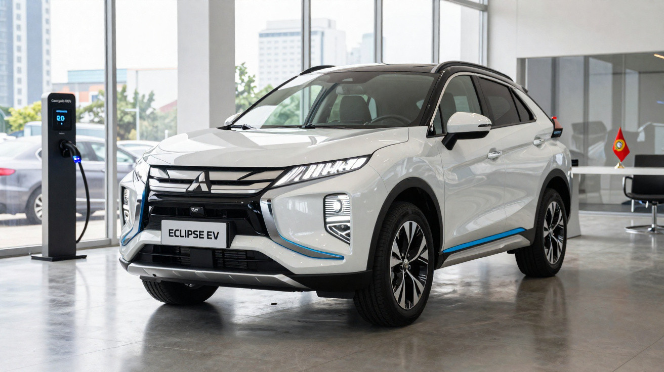 Carro elétrico Mitsubishi Eclipse EV branco em showroom com estação de carregamento ao lado.