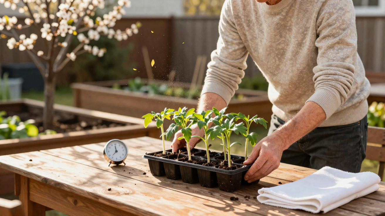 Pessoa organizando mudas de plantas em bandeja preta sobre mesa de madeira ao ar livre em dia ensolarado