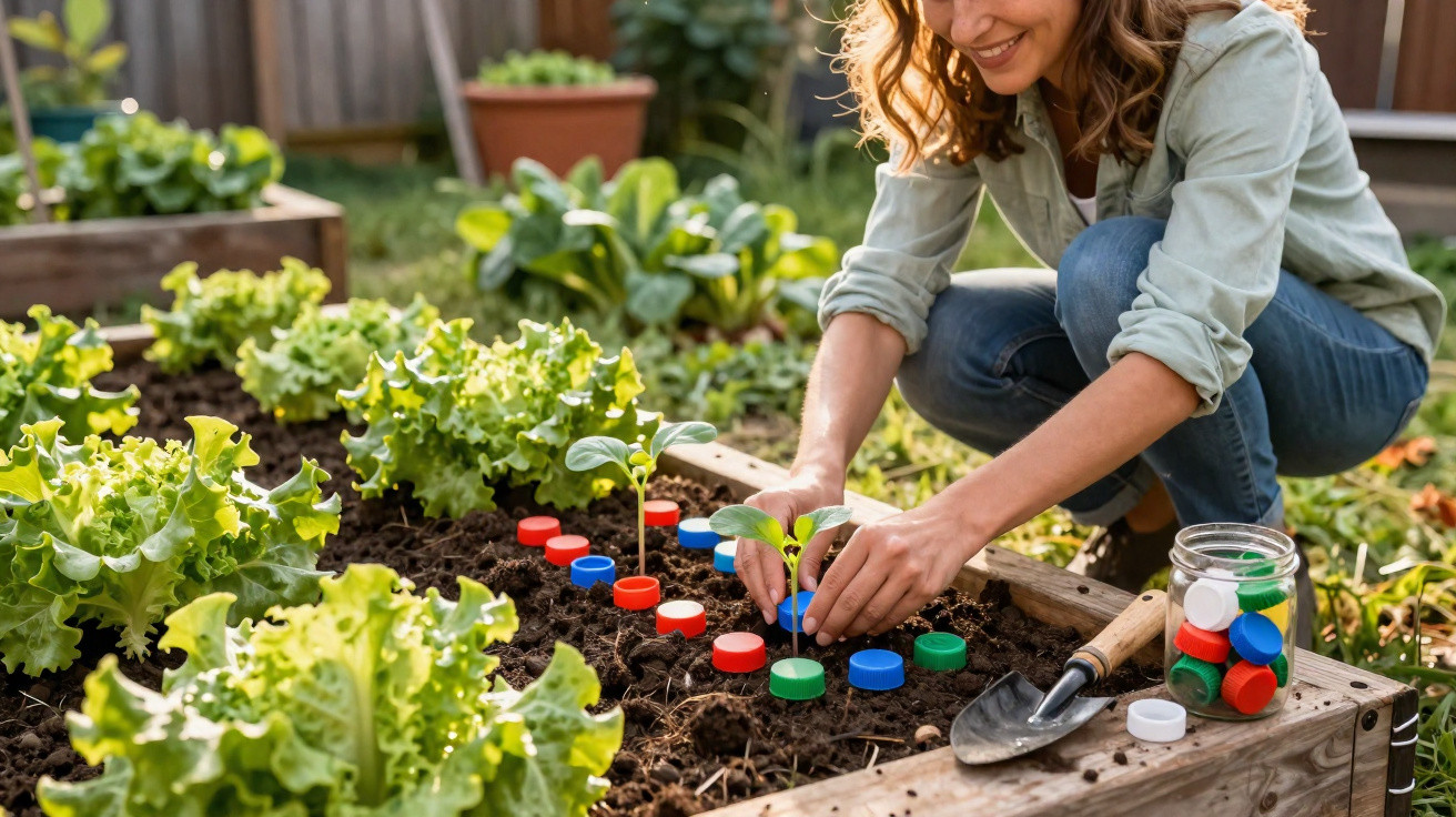 Mulher sorrindo planta mudas em canteiro com tampinhas coloridas e ferramentas de jardinagem.