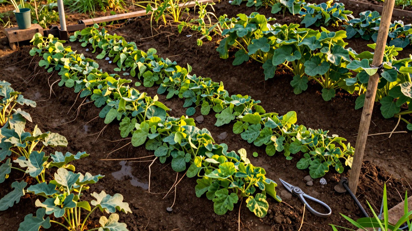 Horta com fileiras de plantas verdes cultivadas em solo fértil sob luz natural do sol.