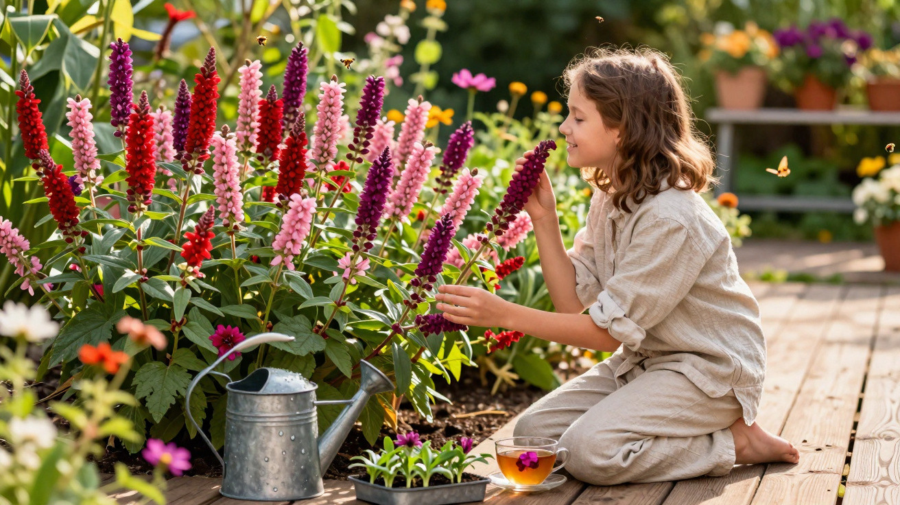 Menina sentada no jardim, cheirando flores coloridas perto de regador e xícara de chá.