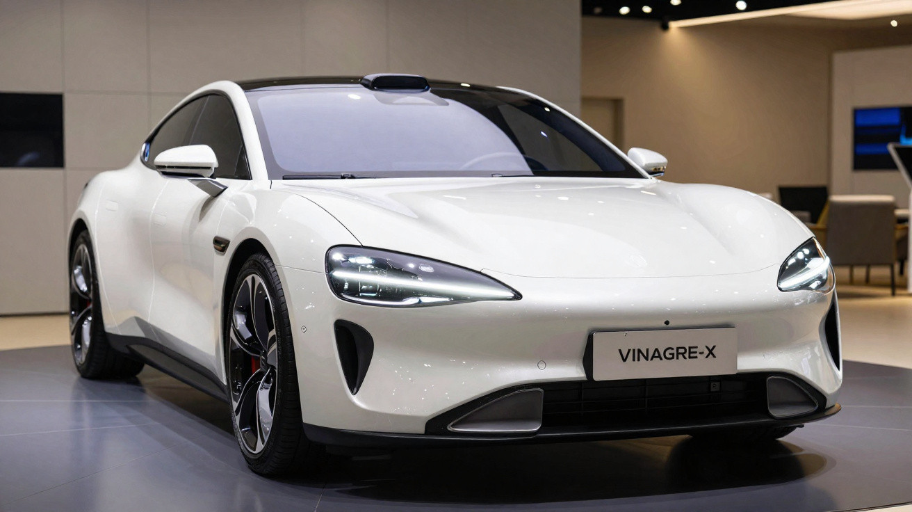 Carro elétrico branco ViNAGRE-X em exposição, com design futurista e faróis acesos.