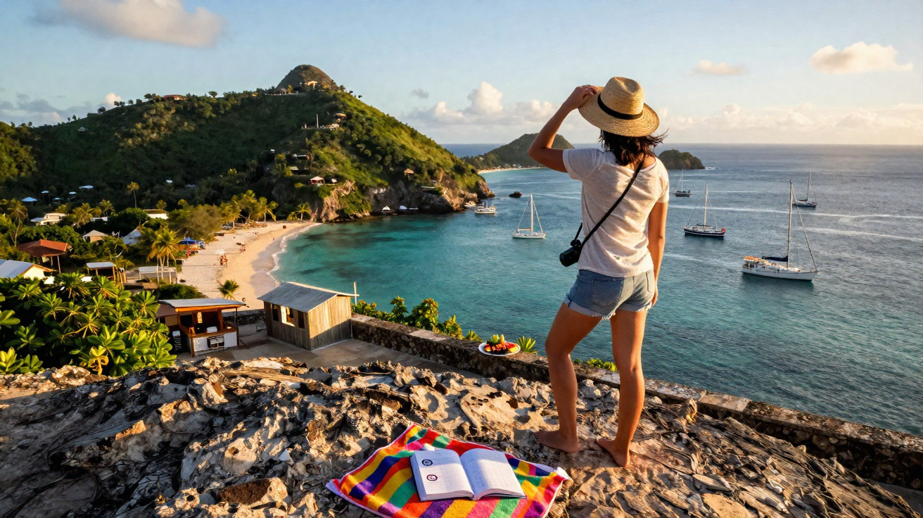 Mulher de chapéu observa veleiros no mar azul e praia com vegetação em penhasco ao entardecer.